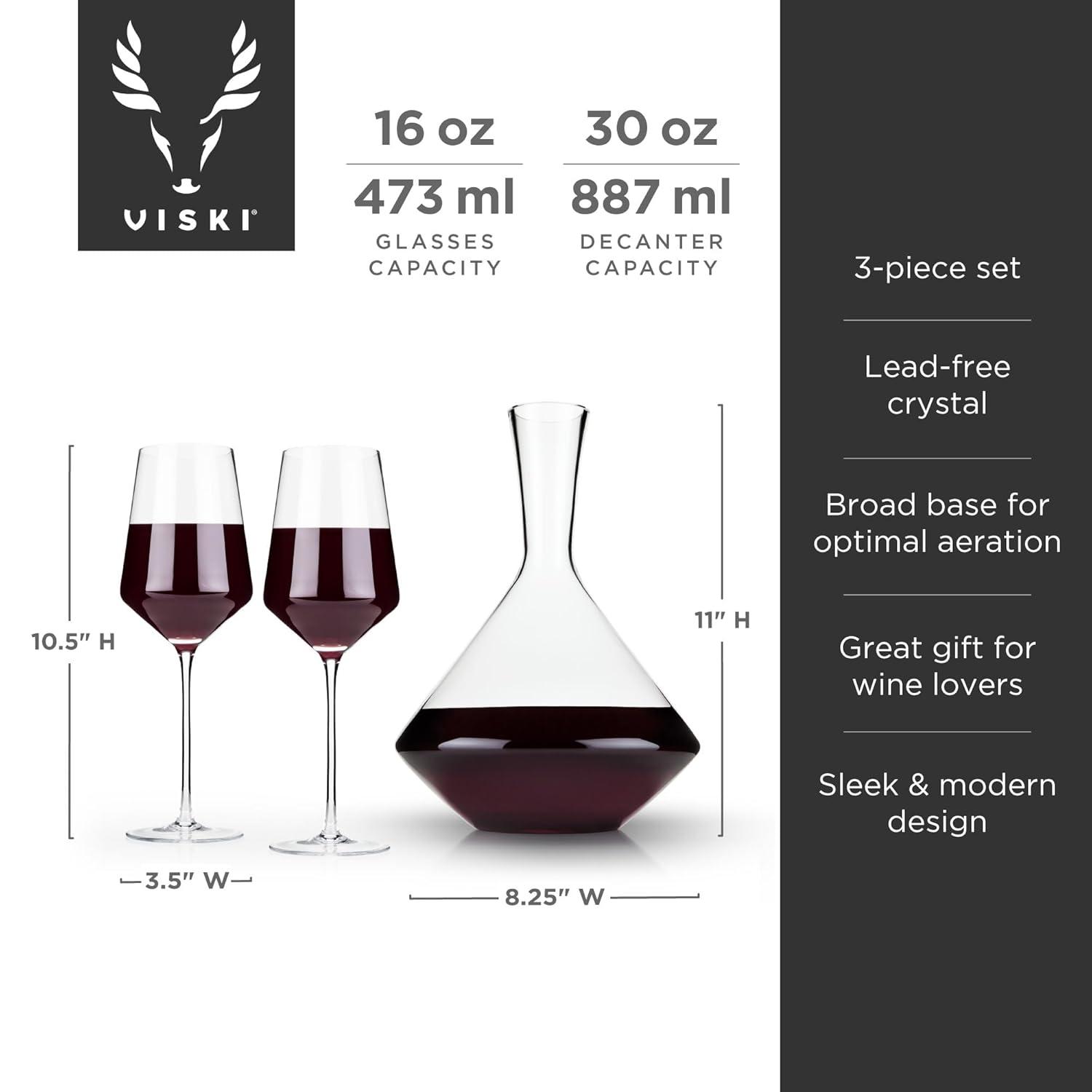 Viski Raye Bordeaux Wine Glasses & Decanter Set - Premium Crystal Clear Glass, Modern, Stemmed, Flat Bottom, Red Wine Gift - Set of 3