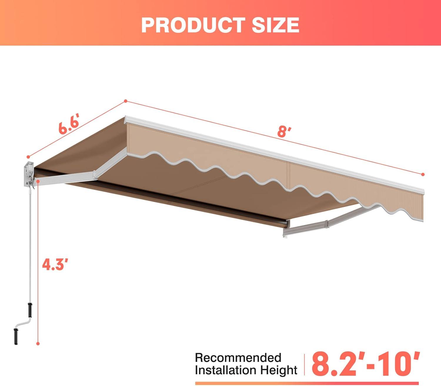 Resenkos 8 x 6.6 Feet Patio Retractable Awning with Manual Crank Handle-Beige, Polycarbonate Entry Door Outdoor Window window Door Awning, Front Door Overhang Awning