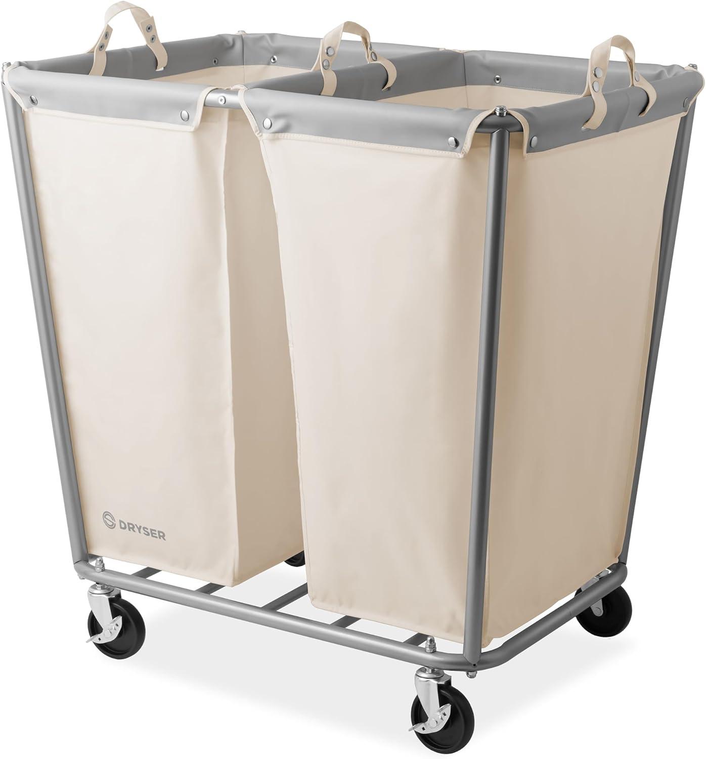 Dryser Round Commercial Heavy-Duty Rolling Laundry Hamper, Steel Frame Cart on Wheels with Removable Canvas Bin for Hotel or Home