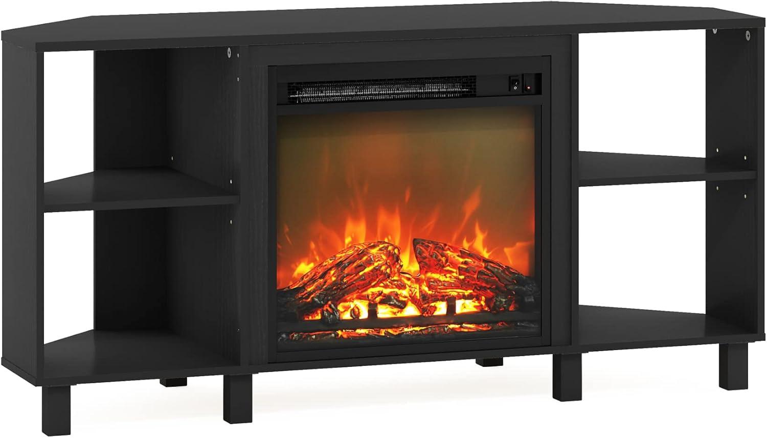 Gray Jensen Corner TV Stand with Electric Fireplace and Metal Legs