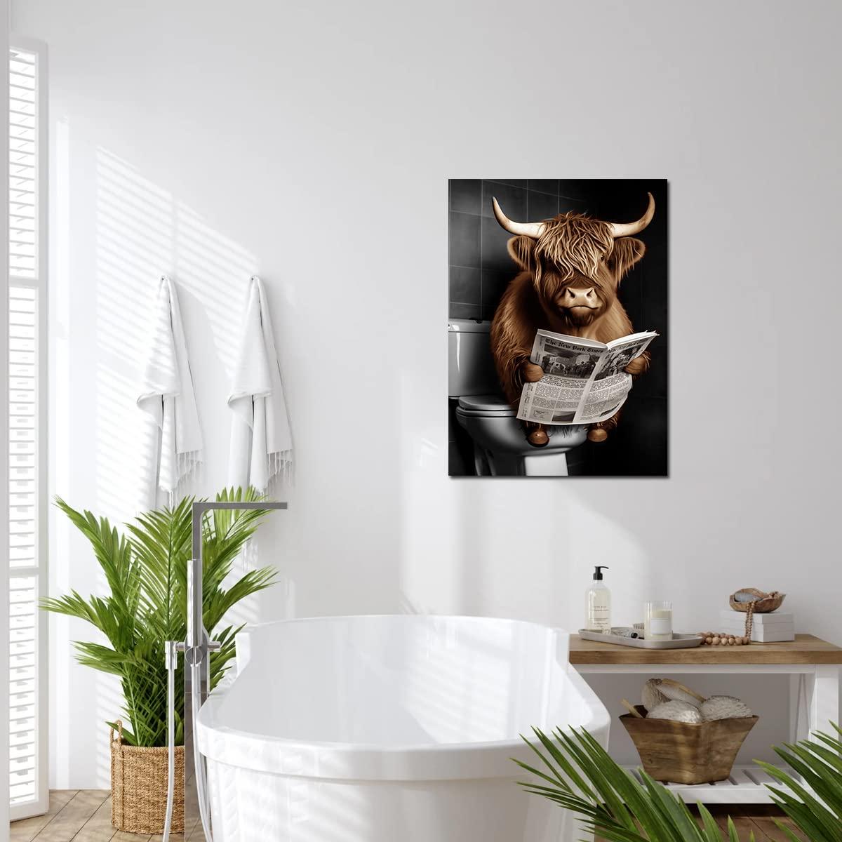 ZHONGYUTONG Funny Highland Cow Bathroom Decor Cow Sitting on Toilet Reading Newspaper Wall Art Cute Animal Poster Prints Farmhouse Toilet Canvas Artwork (12.00" x 18.00")