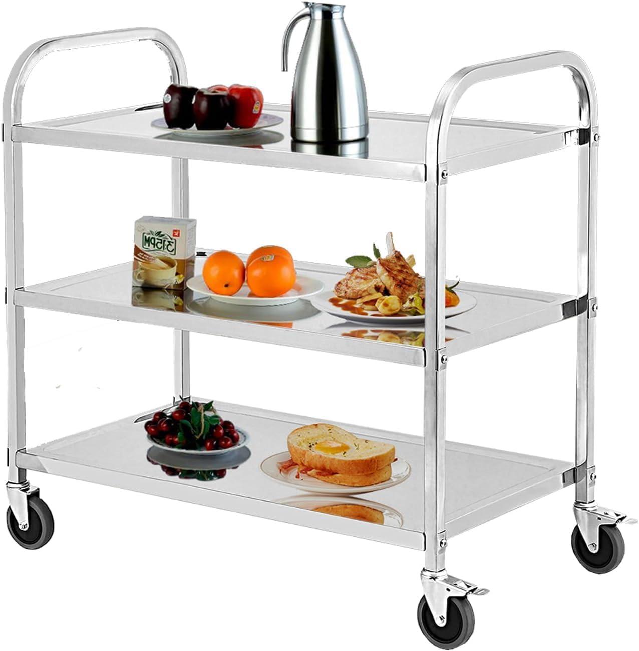 Danolapsi Kitchen Utility Cart,3 Tiers Stainless Steel Rolling Cart, Heavy Duty Trolley Service Cart with Handle and Locking Wheels,for Kitchen, Restaurant,Hospital,Laboratory and Home