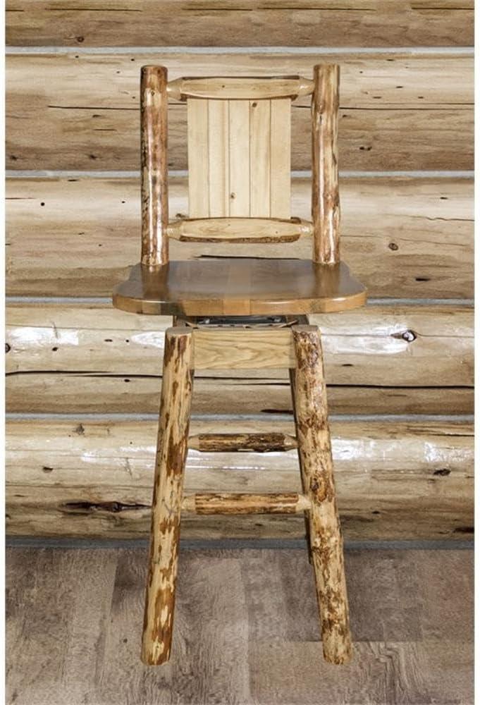 Rustic Lodge Pole Pine Swivel Barstool with Laser-Engraved Wolf