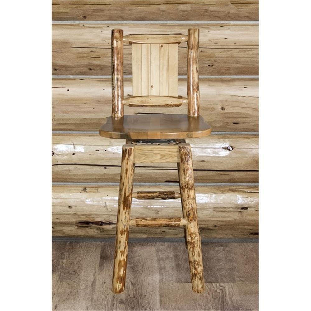 Rustic Lodge Pole Pine Swivel Barstool with Laser-Engraved Wolf