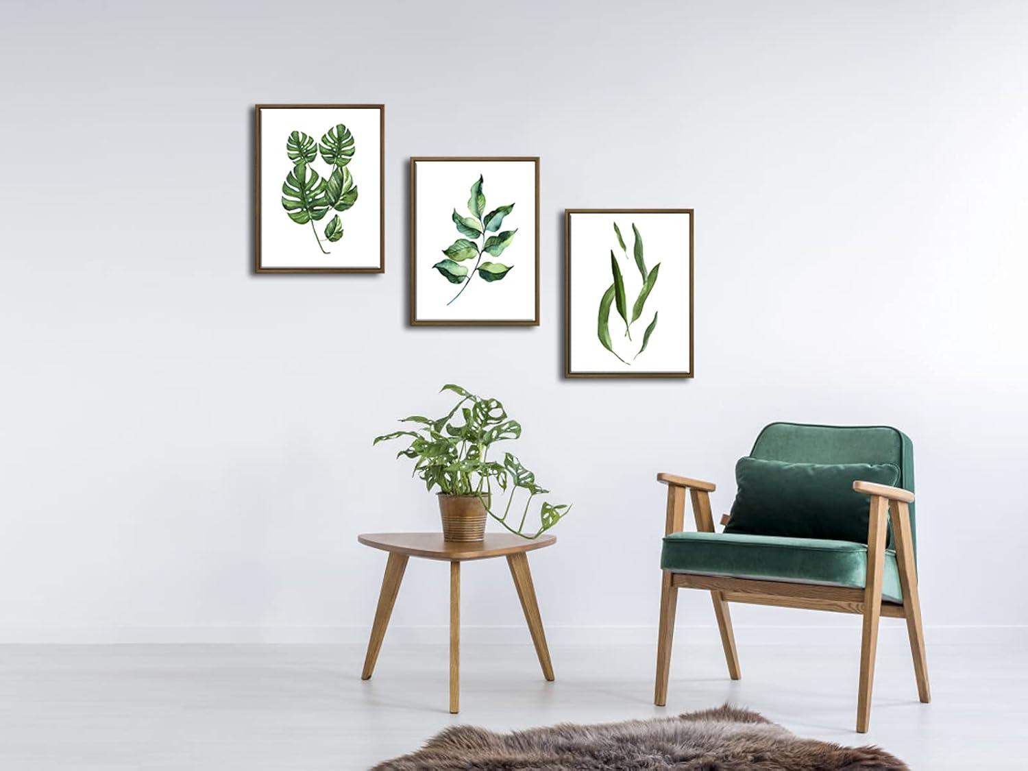 Green Leaves Botanic Canvas Wall Art Abstract Watercolor Pictures for Living Room Bedroom Wall Decor 3 Pieces Modern Stretched Artwork for Bathroom Decor