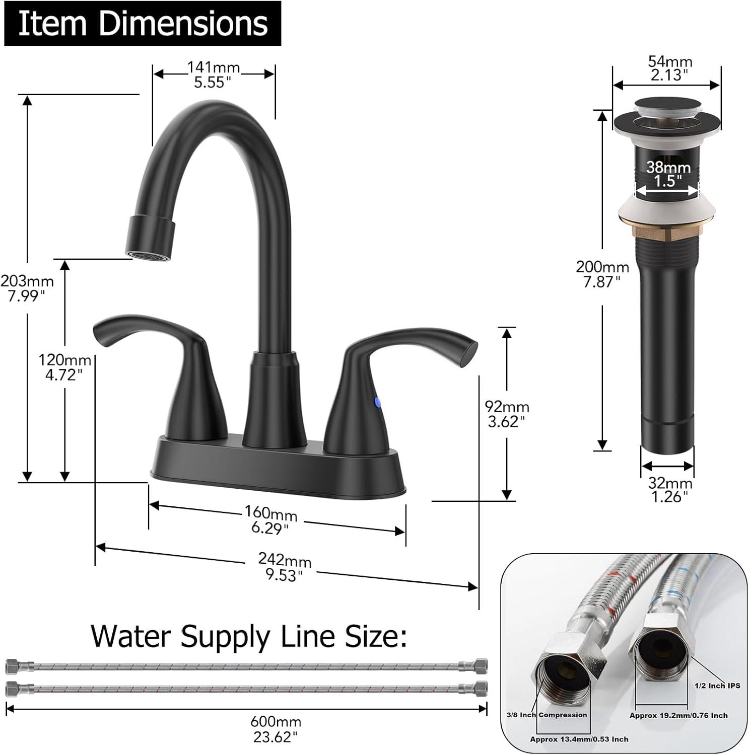 Matte Black 4-Inch Centerset Bathroom Sink Faucet with Metal Drain