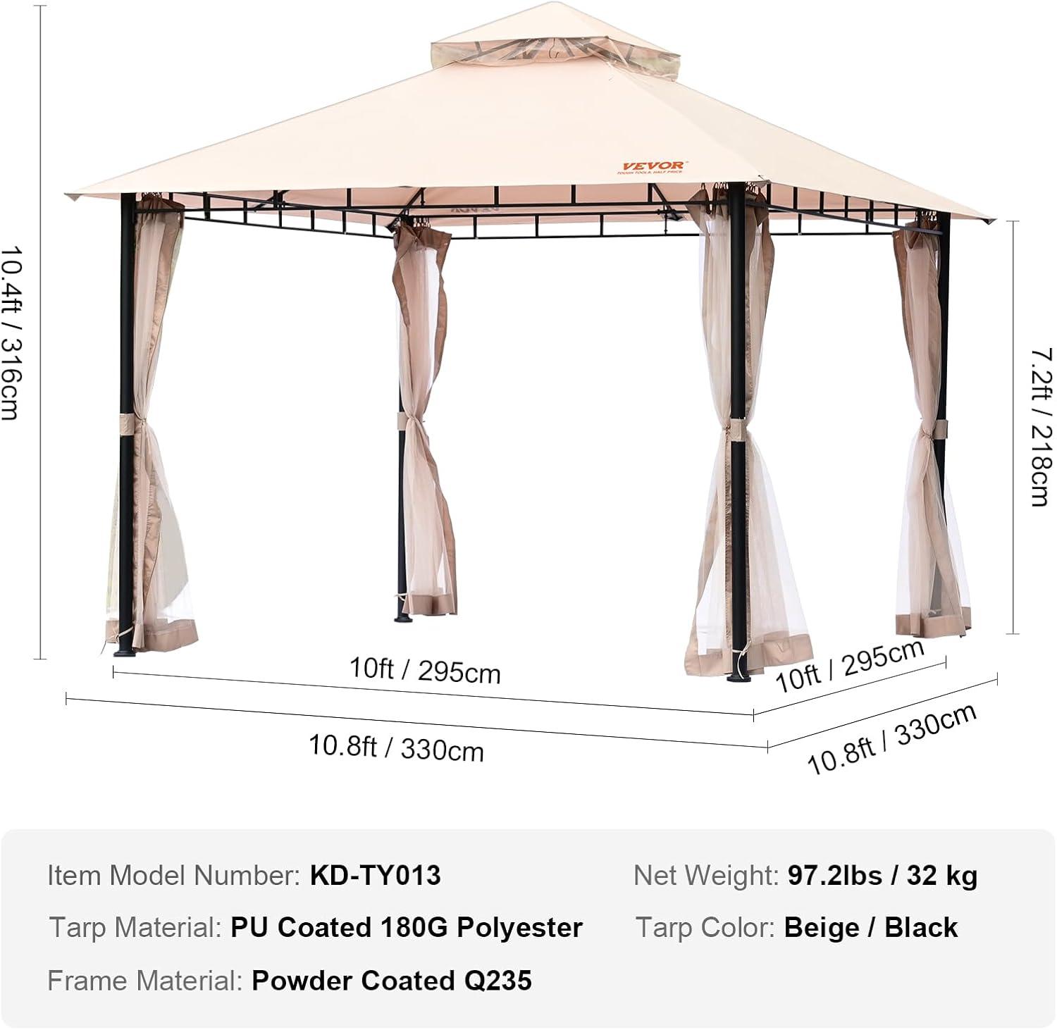 Beige and Black 10x10 FT Metal Frame Patio Gazebo