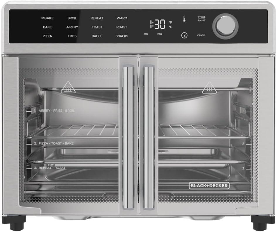 BLACK+DECKER BLACK+DECKER Air Fryer Toaster Oven Combo, 12 in 1 Countertop Convection Oven Cooks Food Fast, Fits a Whole Pizza, French Doors