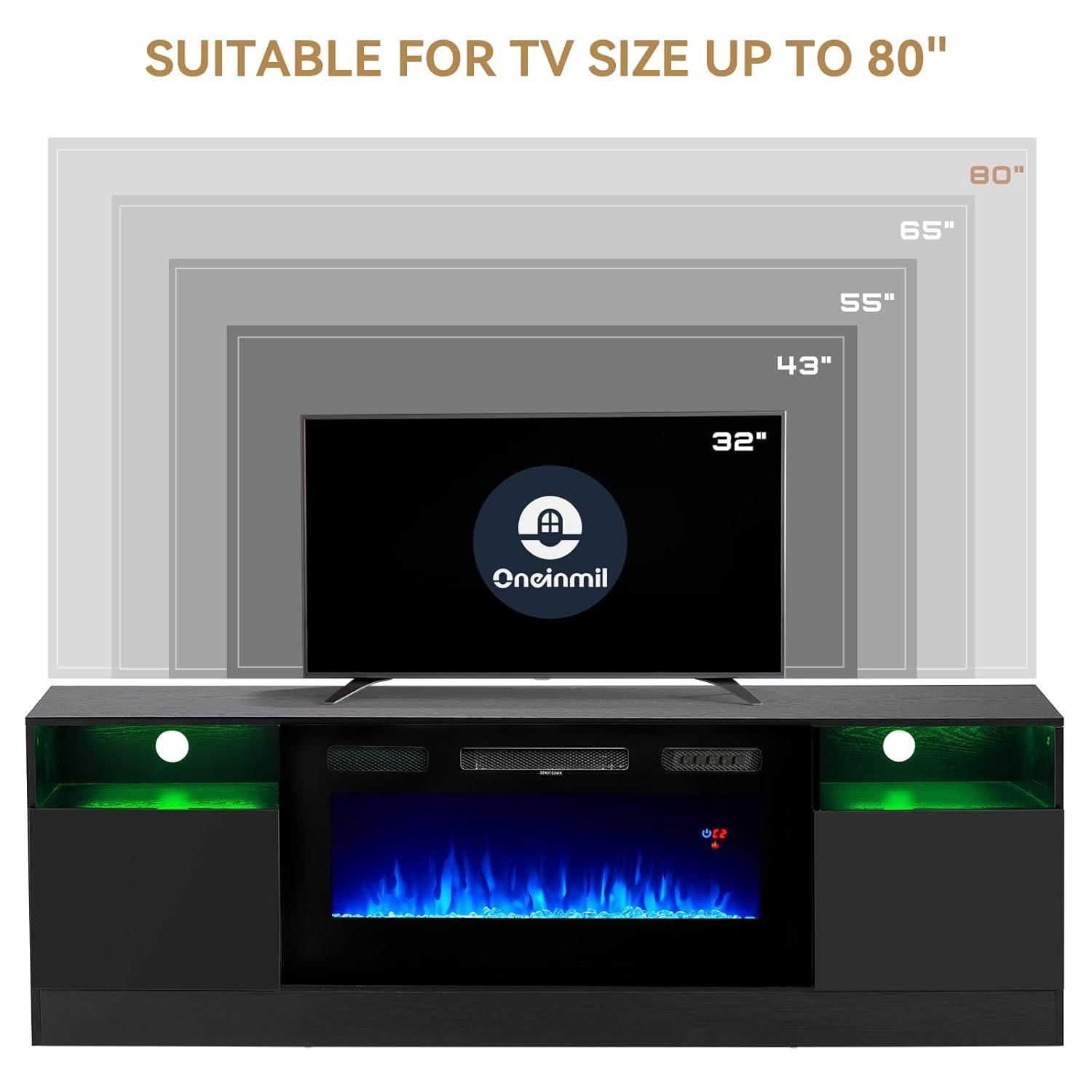 oneinmil Fireplace TV Stand with 36" Electric Fireplace, LED Light Entertainment Center, Modern Wood Texture Entertainment Stand with Highlight Storage Cabinet for TVs Up to 80", 70 inches, Black