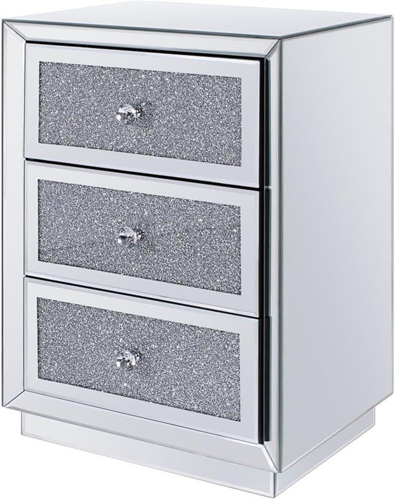 Three Drawers Wooden Nightstand with Mirrored Paneling and Faux Crystal Inlay, Clear- Saltoro Sherpi