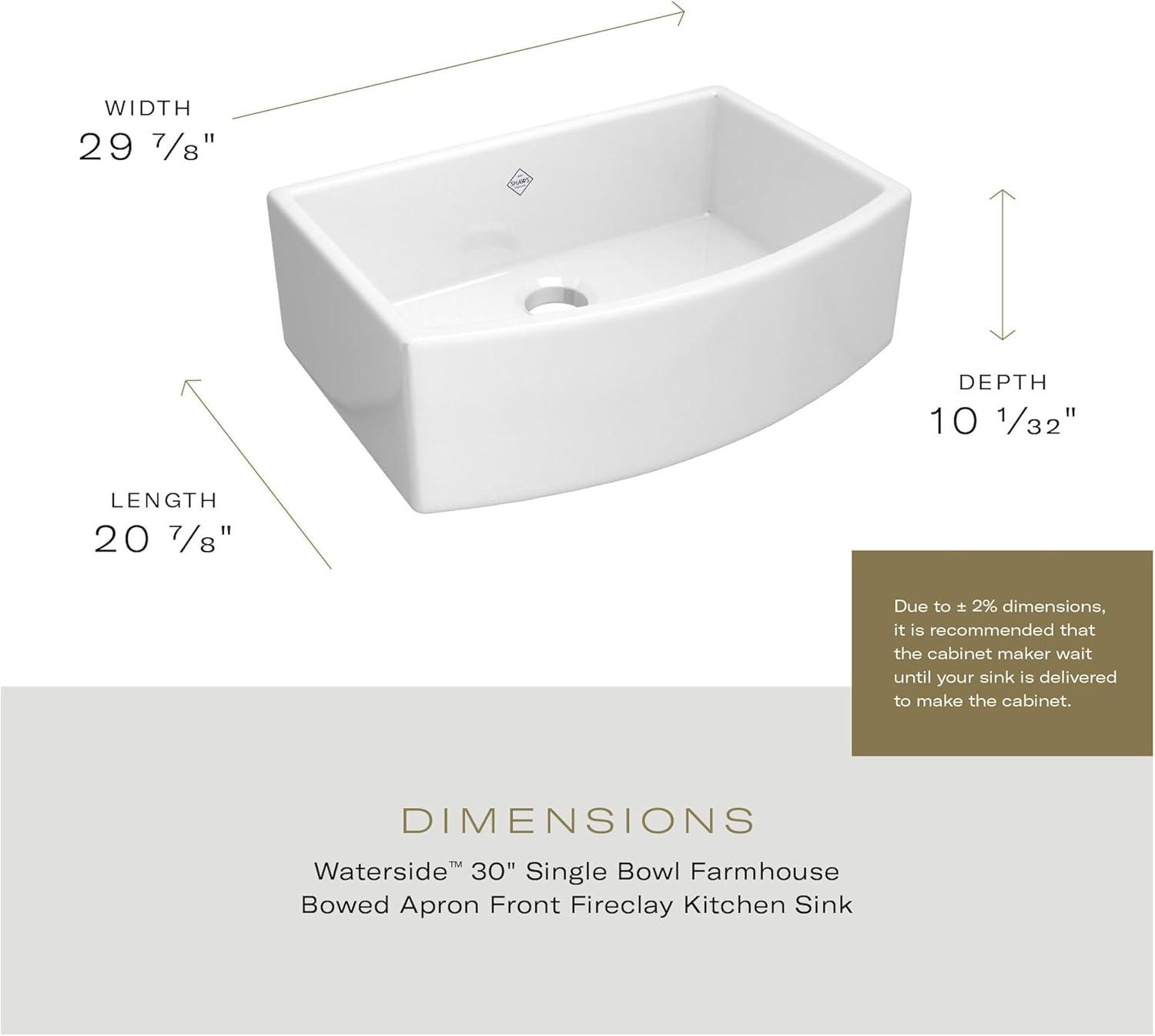 Waterside 30" Single Bowl Farmhouse Bowed Apron Front Fireclay Kitchen Sink