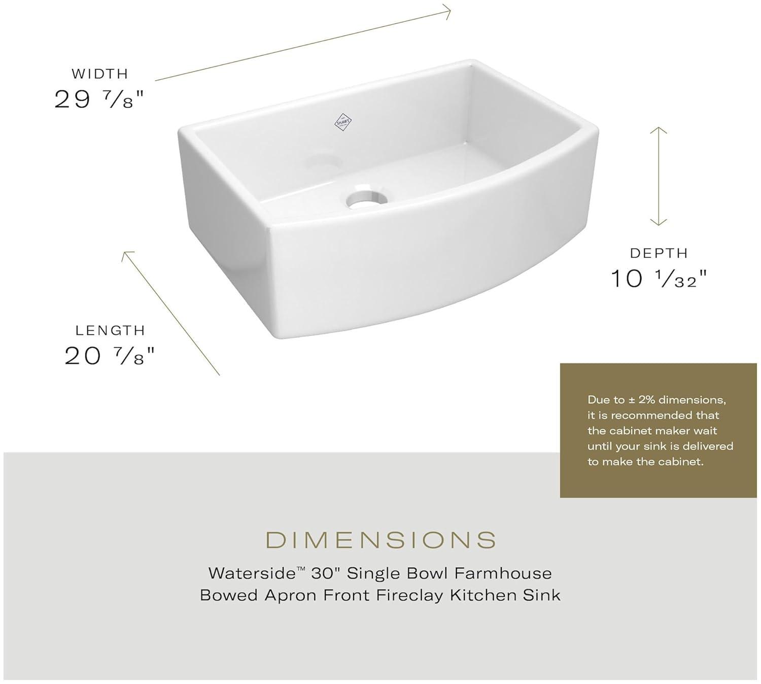 Waterside 30" Single Bowl Farmhouse Bowed Apron Front Fireclay Kitchen Sink