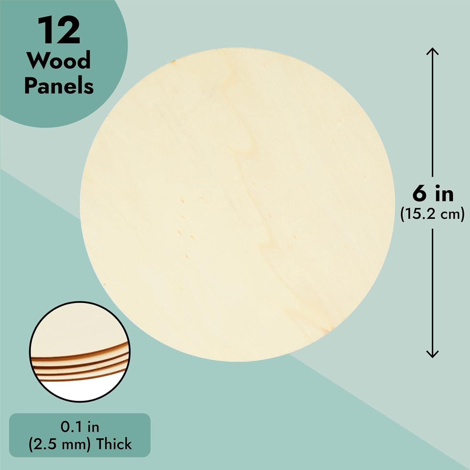 12 Pack 6 Inch Unfinished Wood Circles for Crafts, Blank Cutout Slices for Wood Burning, Engraving, Round Wooden Discs for DIY Coasters, Art Projects, 1/10 Inch Thick