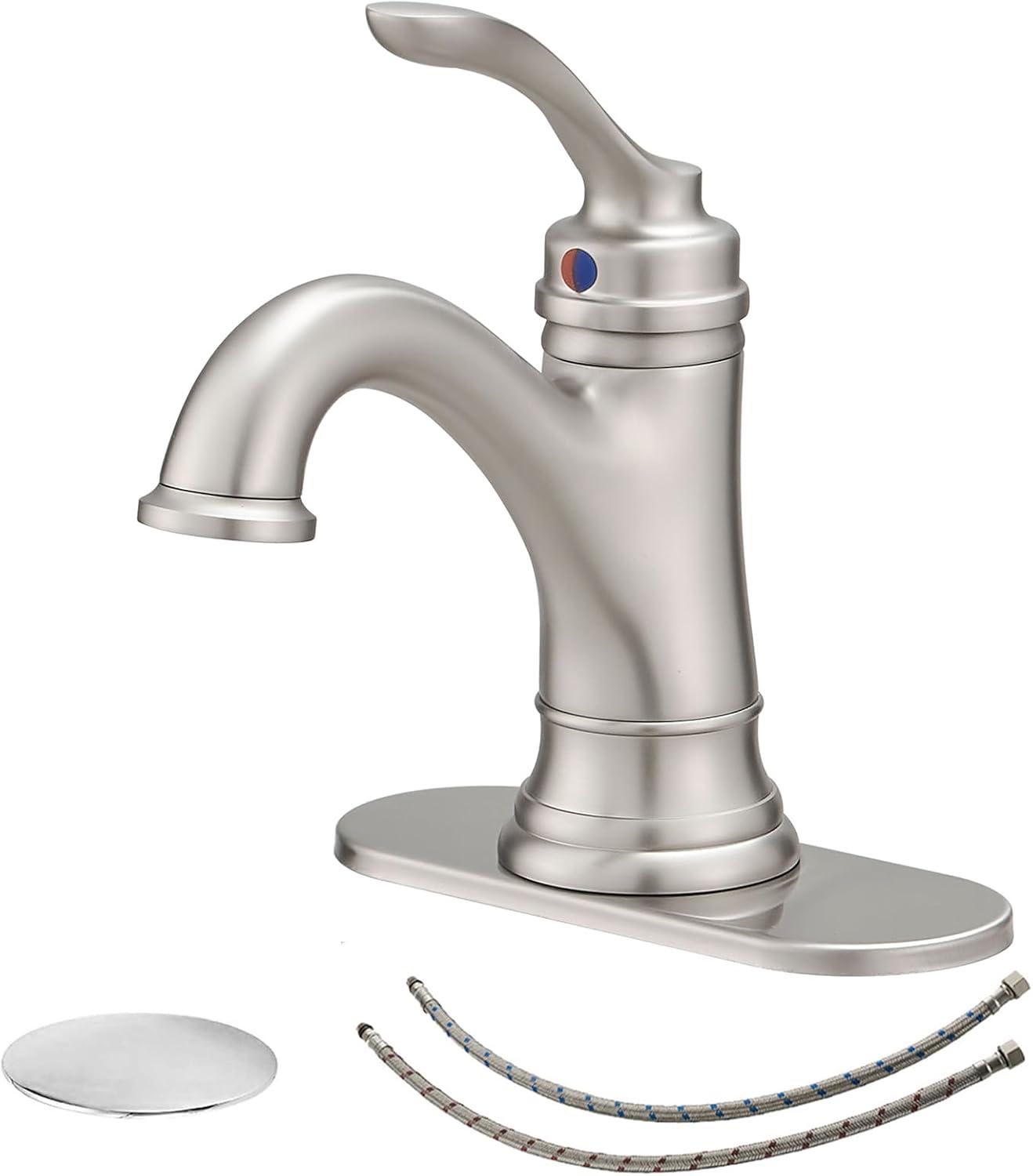 BWE Brushed Nickel Bathroom Faucet 1 Hole Single Handle Bathroom Sink Faucet with Brass Pop Up Drain and Supply Line High Arc Bath Vanity Faucet for Lavatory Mix Tap