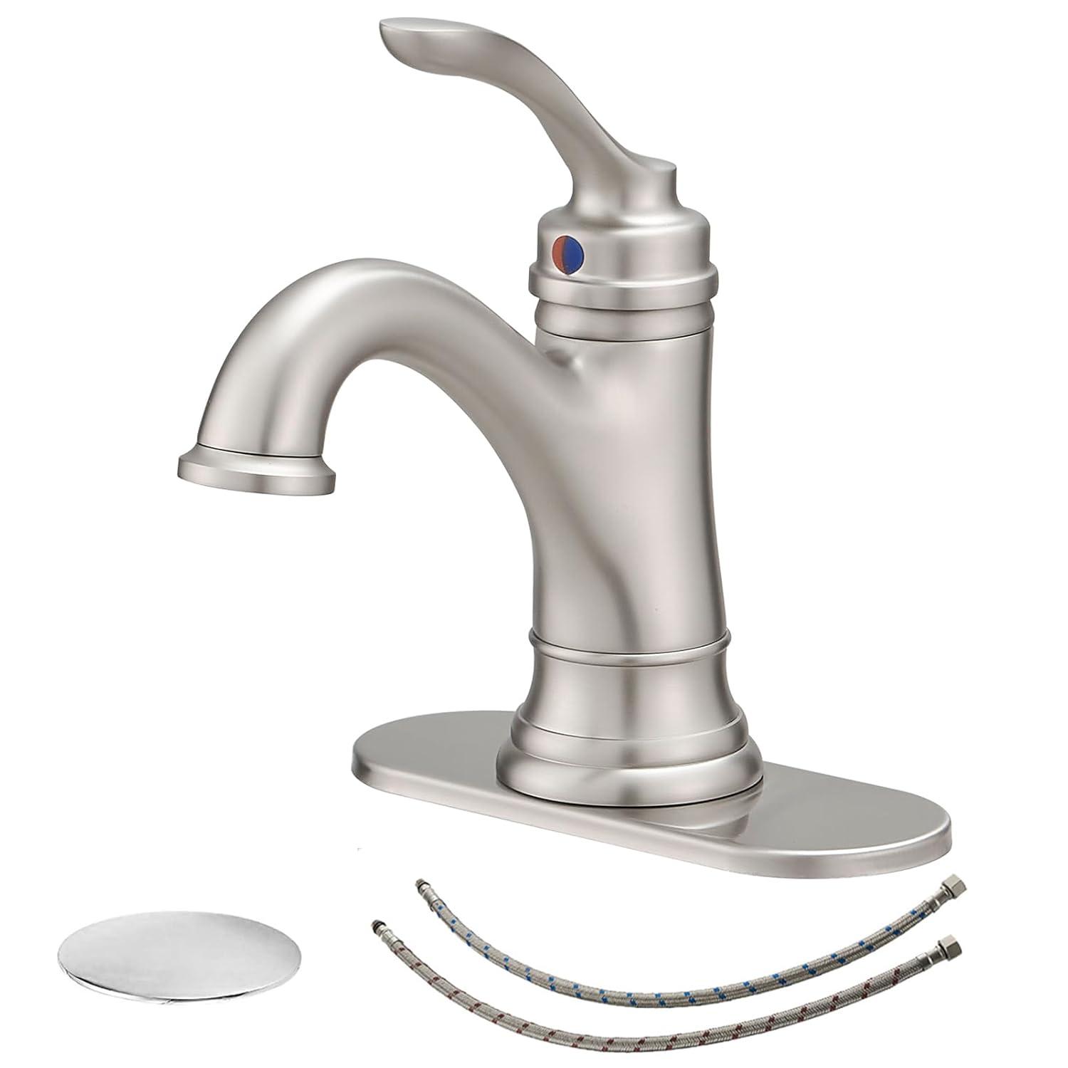 BWE Brushed Nickel Bathroom Faucet 1 Hole Single Handle Bathroom Sink Faucet with Brass Pop Up Drain and Supply Line High Arc Bath Vanity Faucet for Lavatory Mix Tap
