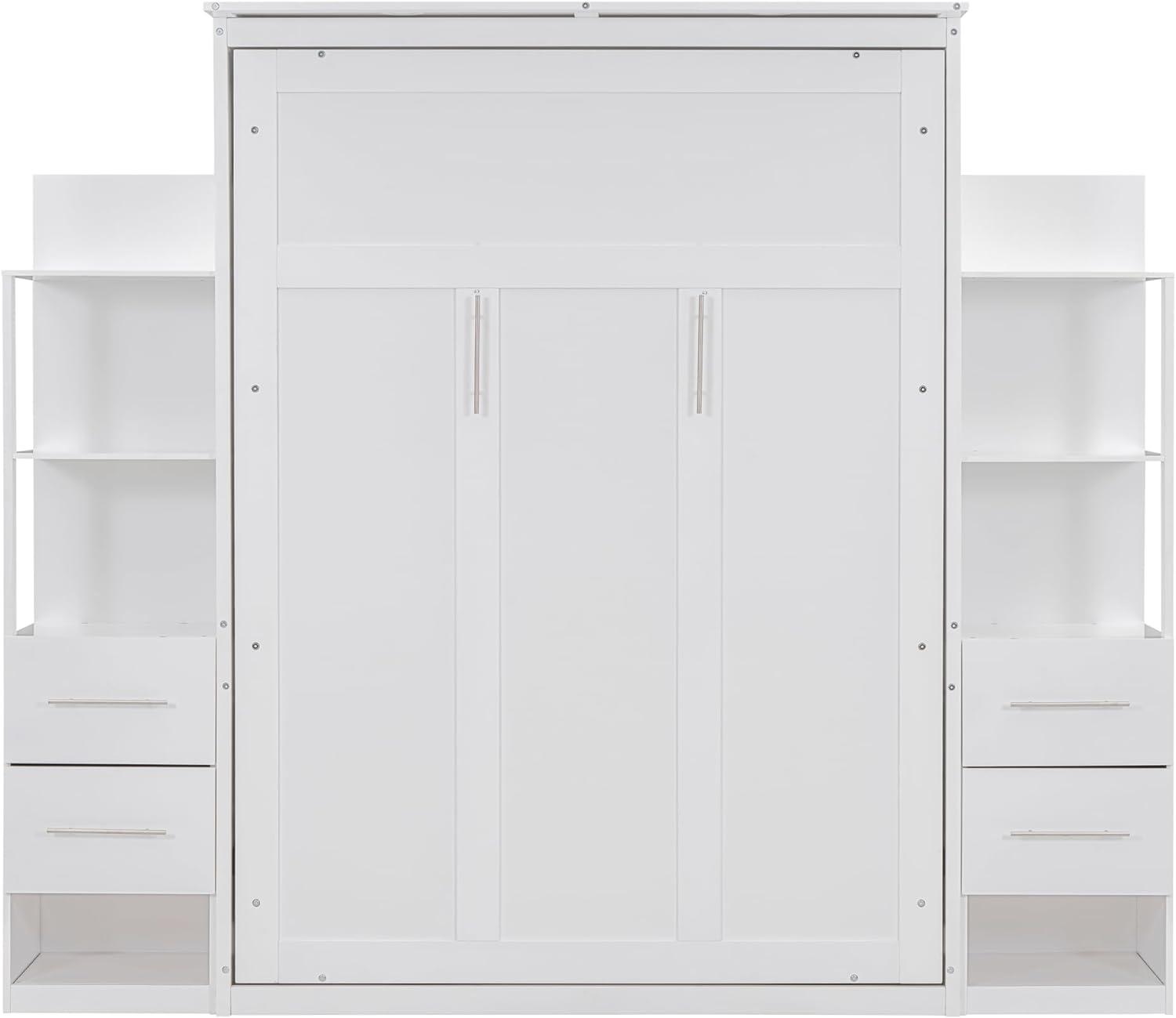 Full Size Murphy Bed, Transformable Bed Frame with Both Side Shelves, Drawers, Space-Saving Bed for Children, Teens, Adults, Noise-Free, No Box Spring Need, White