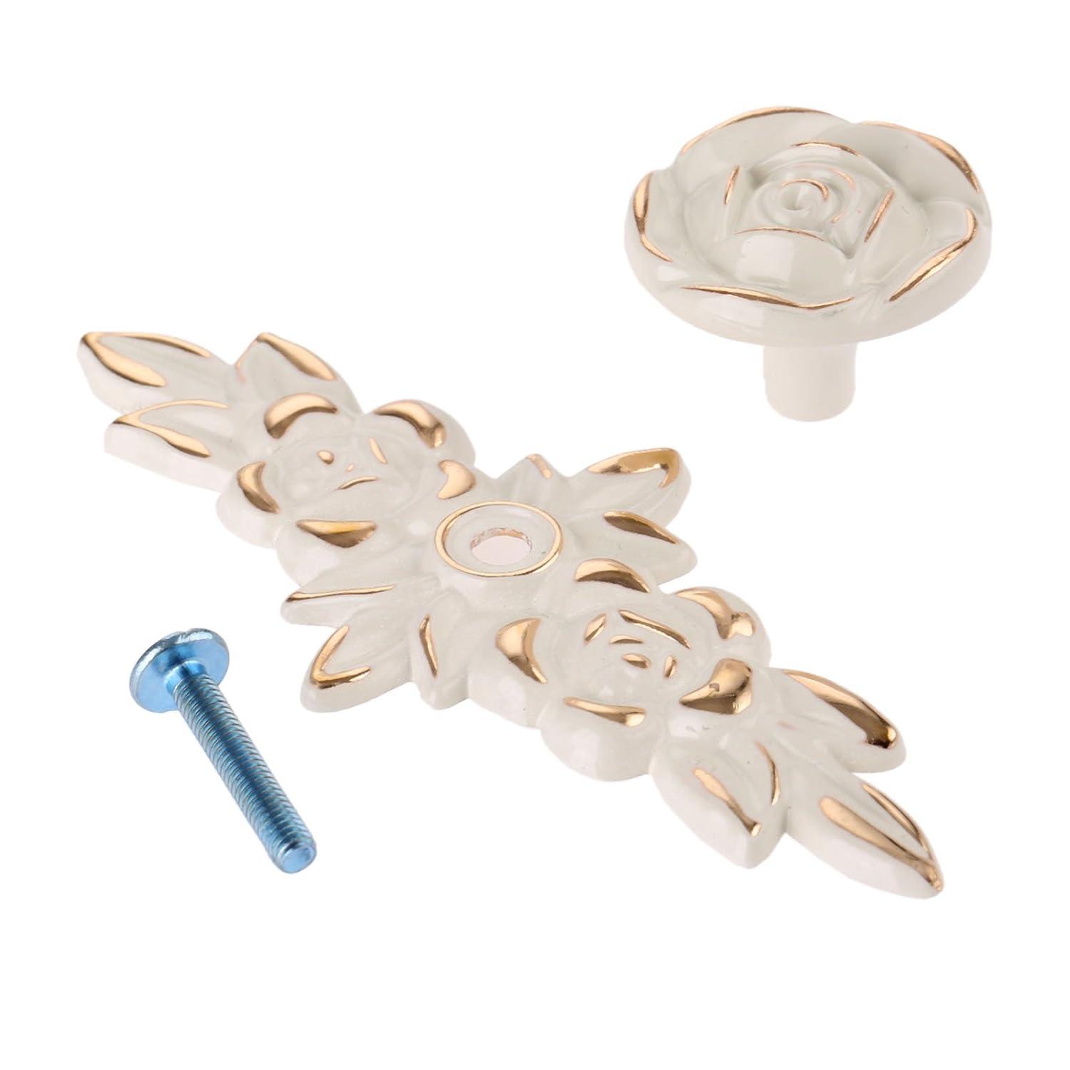 Antique Euro Rose Cabinet Knobs with Backplate, Vintage Kitchen Zinc Alloy Flower Drawer Pull Handles for Dresser Vanity Nightstand Cupboard Wardrobe, 4 Pack (Golden Edge)