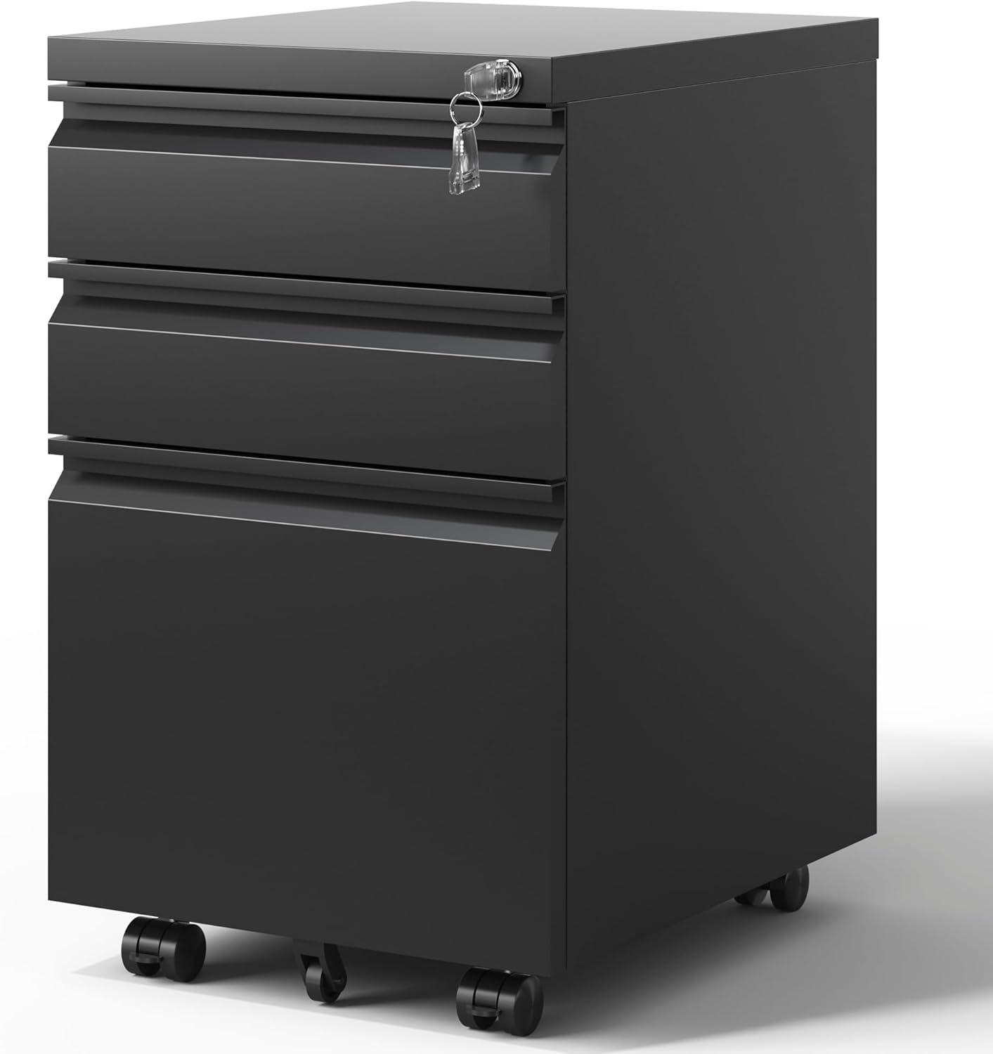 MIIIKO File Cabinet 3 Drawers on Wheels Under Desk, Black Metal Rolling File Cabinets with Lock for Home Office, Un-Assembled Filing Cabinet with Lock