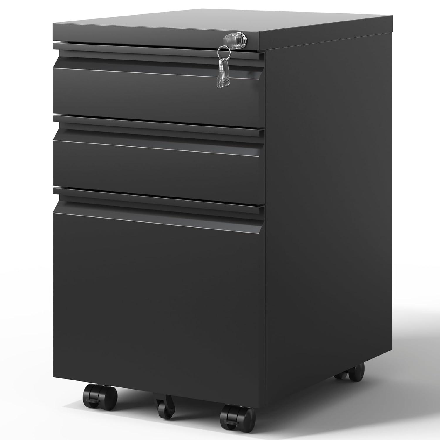 MIIIKO File Cabinet 3 Drawers on Wheels Under Desk, Black Metal Rolling File Cabinets with Lock for Home Office, Un-Assembled Filing Cabinet with Lock