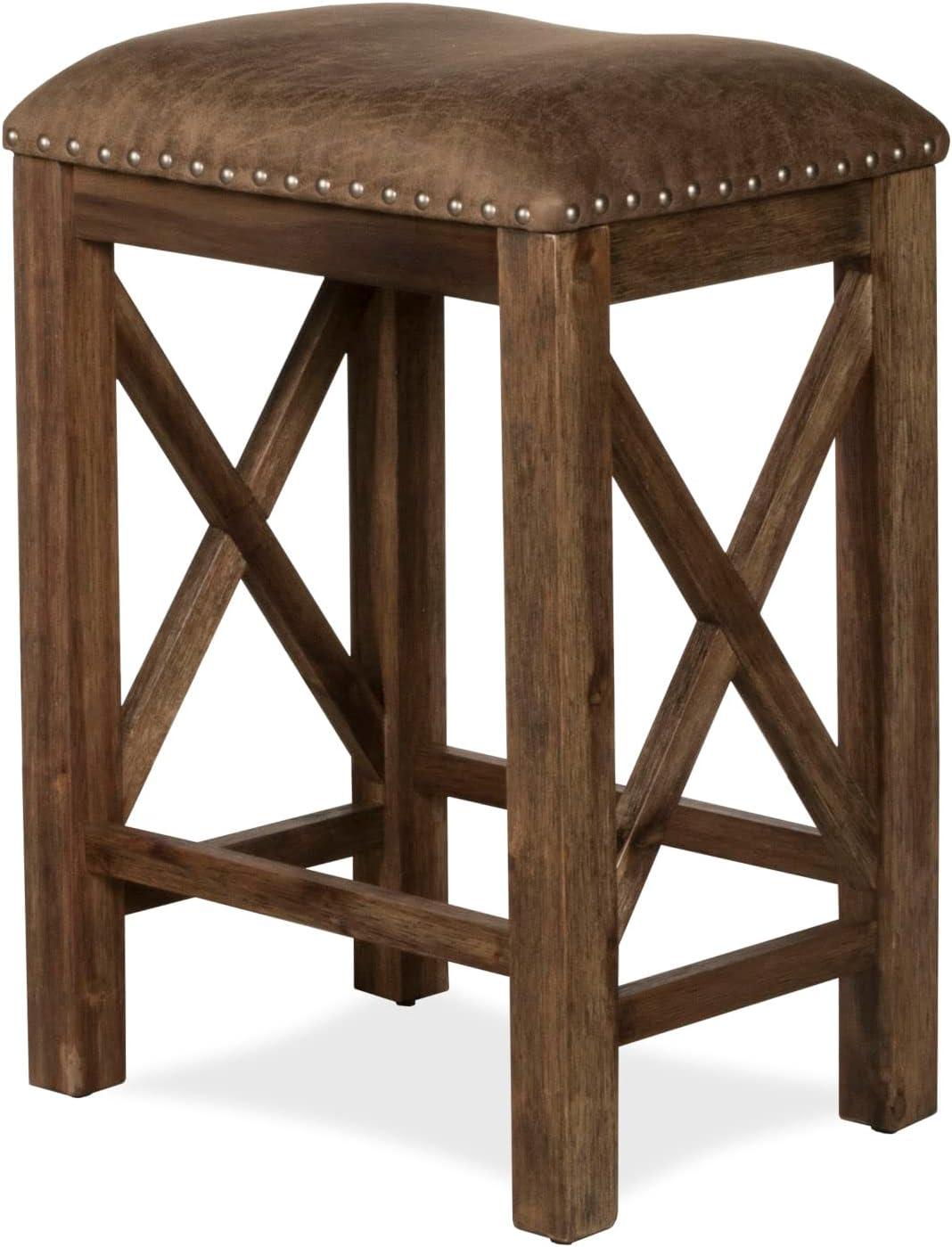 Antique Walnut & Weathered Brown Leather Saddle Barstool, Set of 2