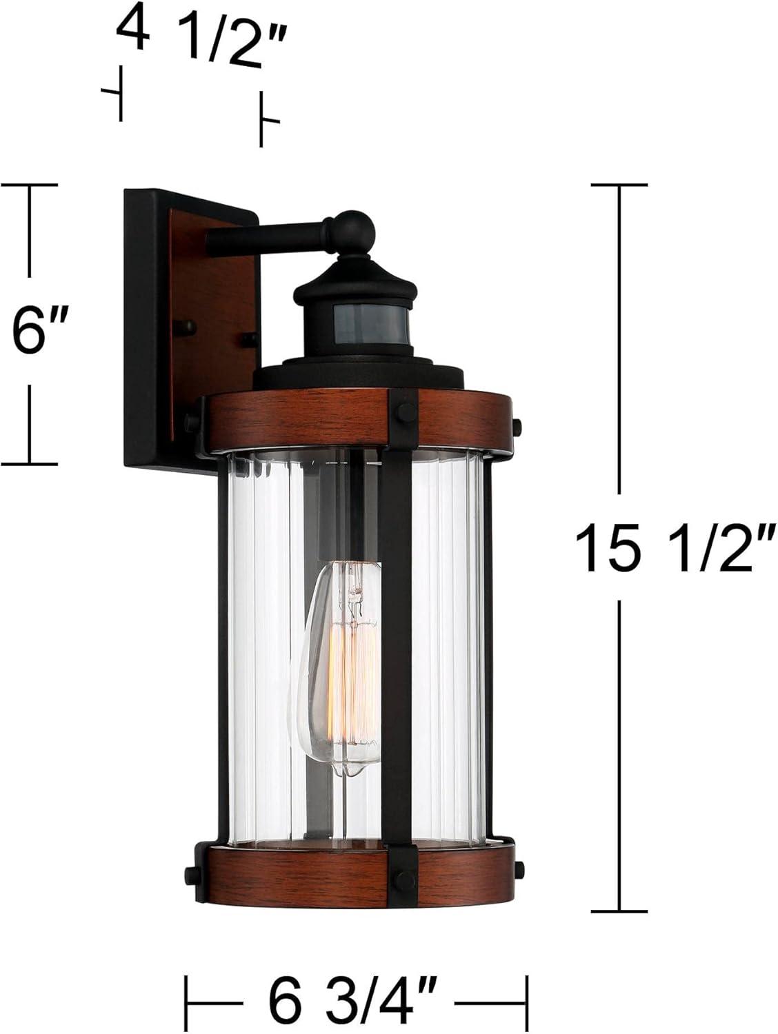 John Timberland Stan Industrial Outdoor Wall Light Fixture Dark Faux Wood Black Motion Sensor 15 1/2" Clear Glass for Post Exterior Barn Deck House