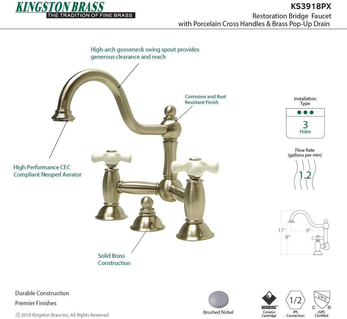 Kingston Brass Restoration Two-Handle 3-Hole Deck Mount Bridge Bathroom Faucet with Brass Pop-Up