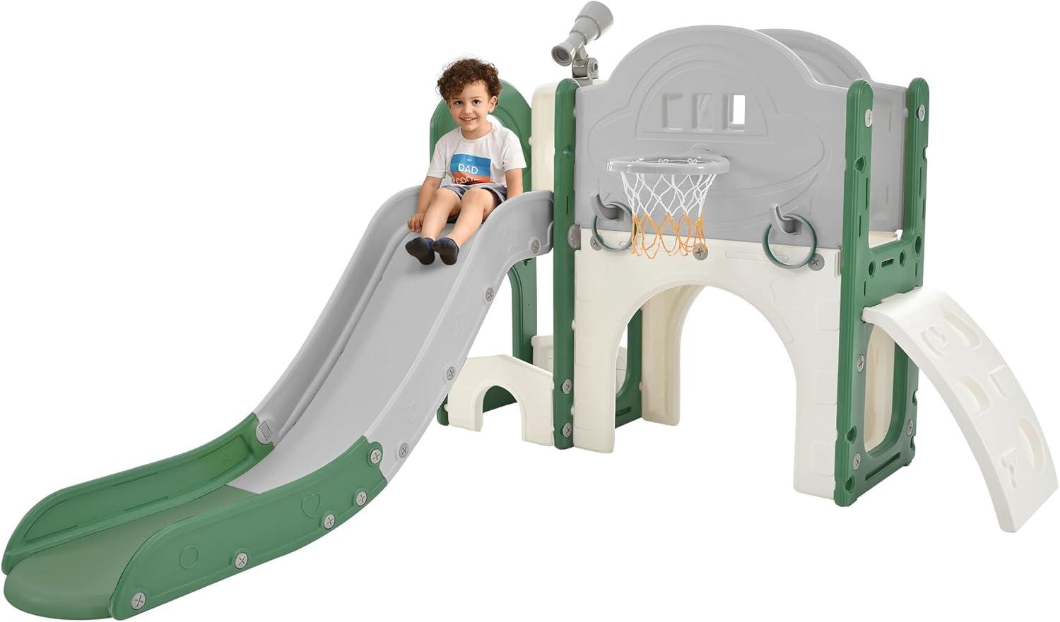 7 in 1 Toddler Slide Playset Indoor Playground,Kids Slide Outdoor Freestanding Climber with Slide, Arch Tunnel, Toss and Basketball Hoop, for Toddlers, Kids Climbers Playground (Green)