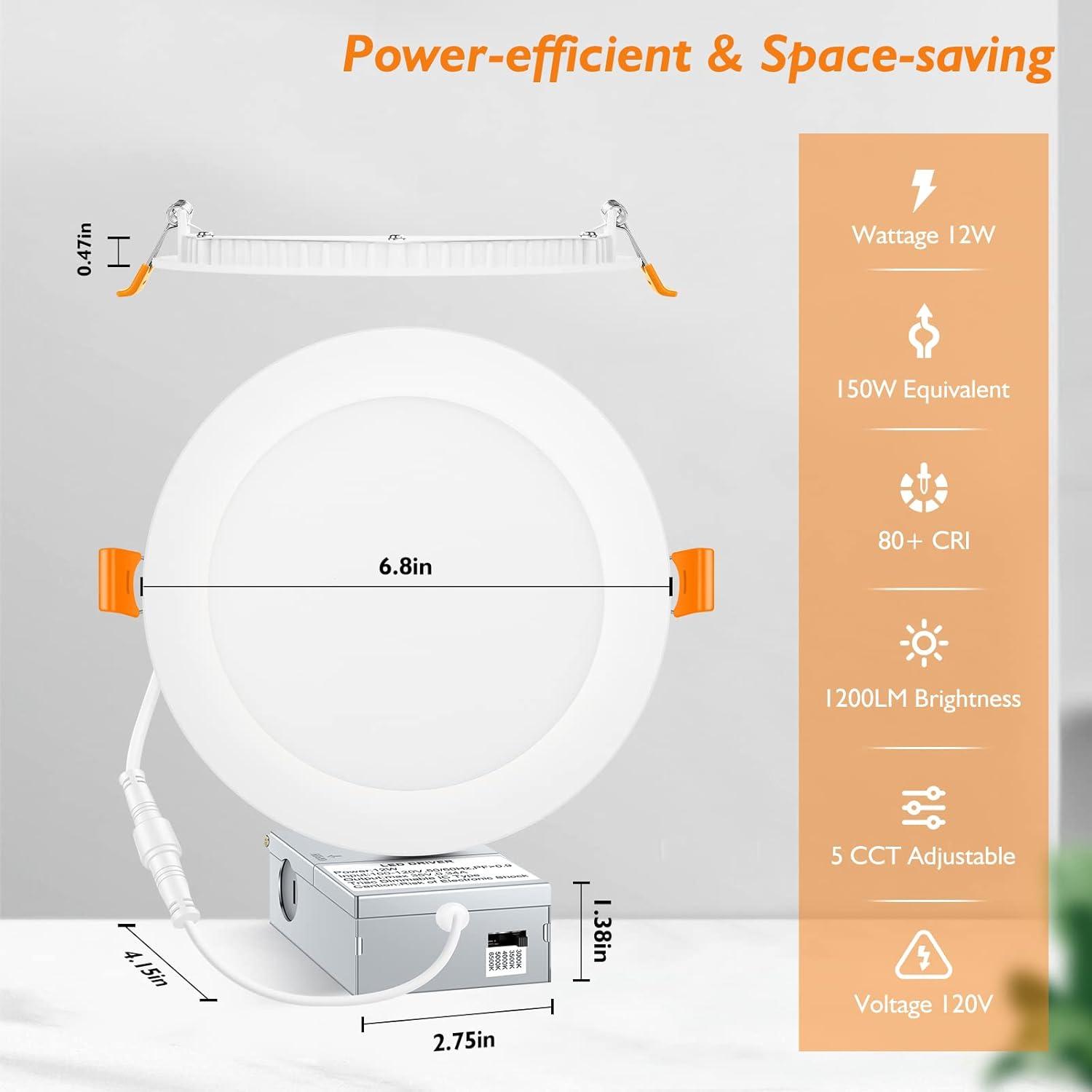 Beslowe 6 Packs 6 Inch 5CCT LED Recessed Ceiling Lights Ultra-Thin with Junction Box, 12W 150W Eqv, 3000K/3500K/4000K/5000K/6500K, 1200LM Dimmable Canless Downlights for Kitchen Hallway Dining Room