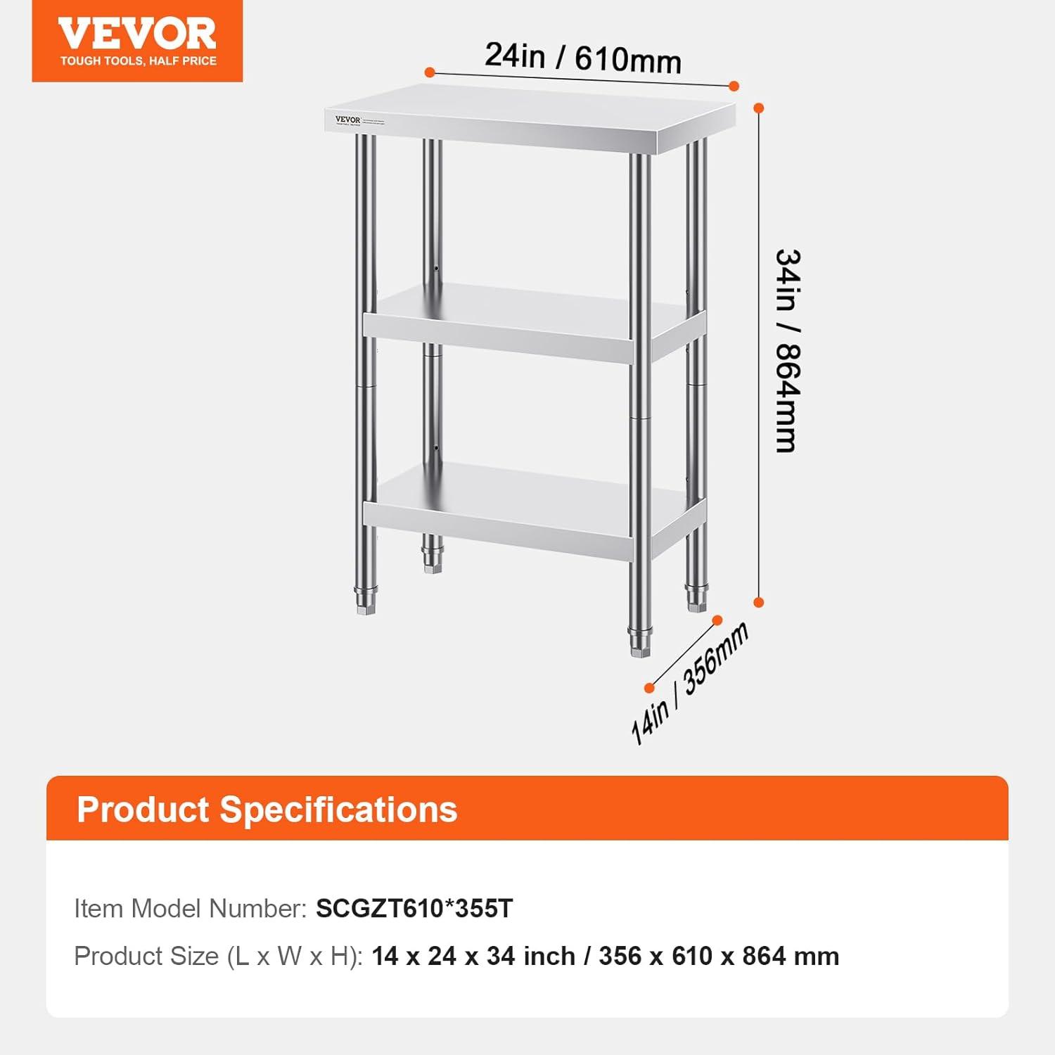 VEVOR Stainless Steel Food Prep Table, 14 x 24 x 34 Inch Commercial Food Prep Worktable Heavy Duty Prep Worktable, Metal Work Table with Adjustable Height for BBQ, Kitchen, Home, and Garage
