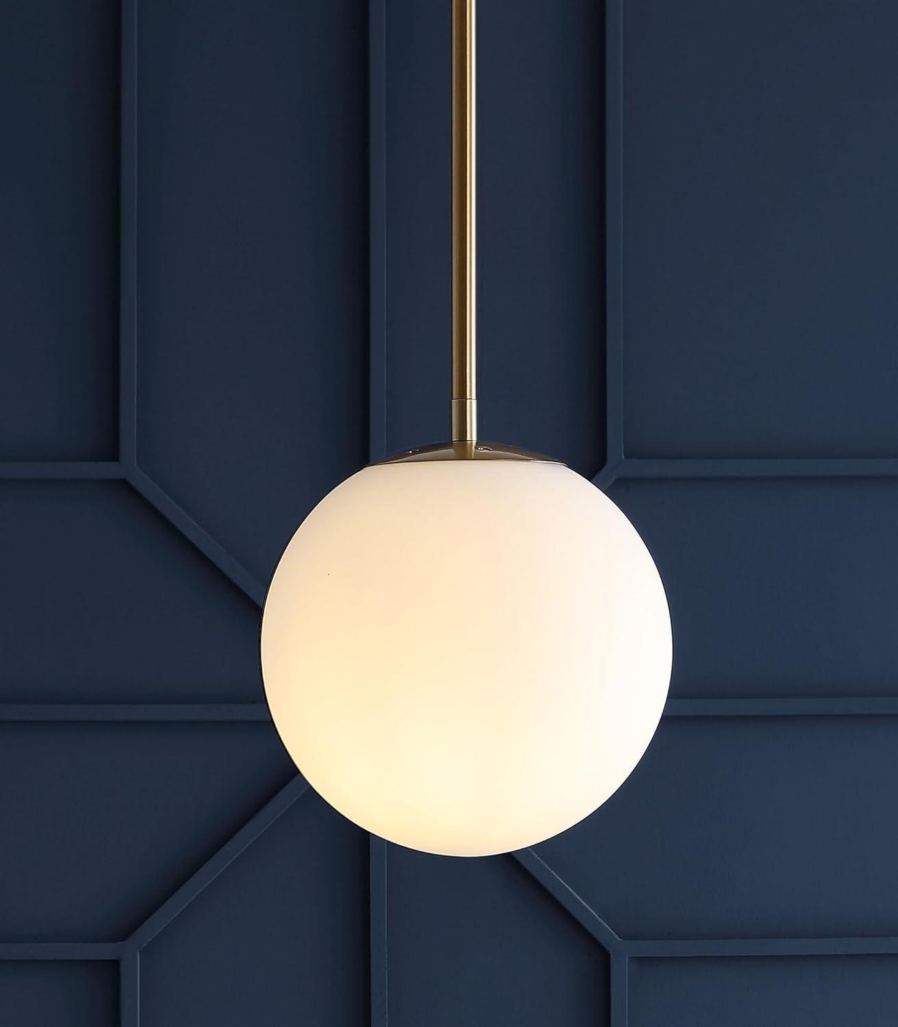 Bleecker 7.75" Metal/Glass Globe LED Pendant, White/Brass