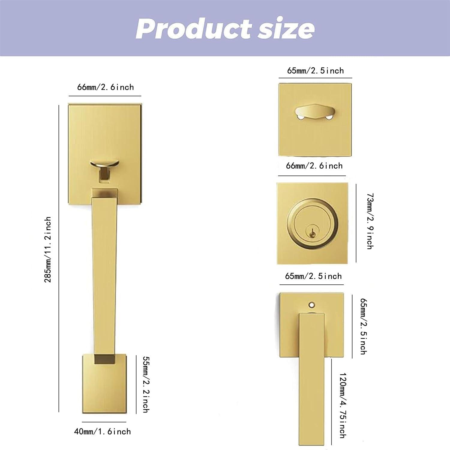 Front Door Lock Set - Exterior Door Handle Set with Deadbolt Door Lock Single Cylinder Interior Entry Handle with Lever Reversible Left & Right Gold