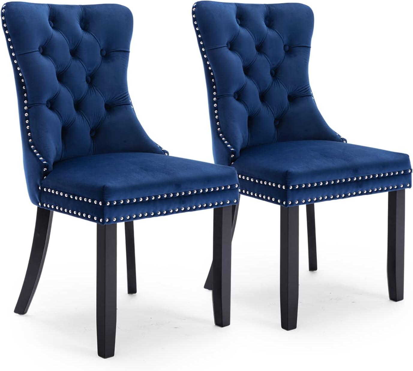 ODUSE-DAILY Velvet Dining Chairs Set of 2, Navy Kitchen & Dining Room Chairs, Tufted Dining Chairs, Fabric Upholstered, Solid Wood, Sillas De Comedor (Blue, 2 Pcs)