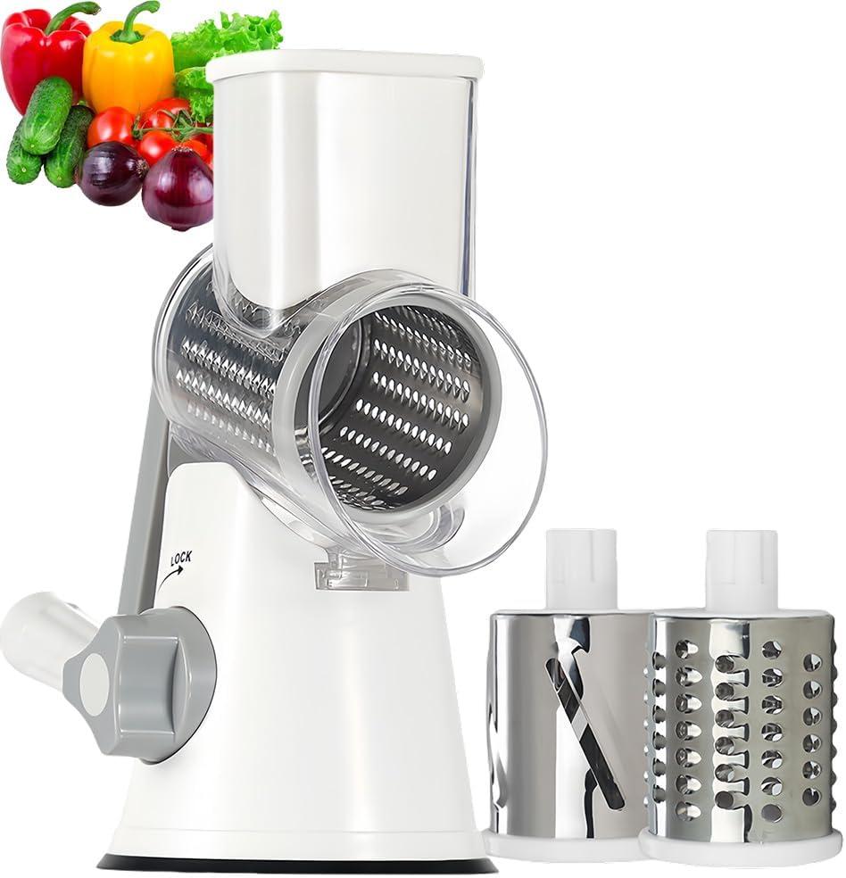 Rotary Cheese Grater Cheese Shredder - Kitchen Manual Cheese Grater with Handle Vegetable Slicer Nuts Grinder 3 Replaceable Drum Blades and Strong Suction Base Free Cleaning Brush