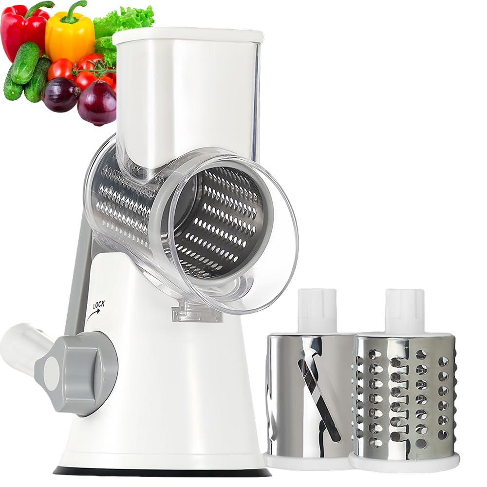 Rotary Cheese Grater Cheese Shredder - Kitchen Manual Cheese Grater with Handle Vegetable Slicer Nuts Grinder 3 Replaceable Drum Blades and Strong Suction Base Free Cleaning Brush