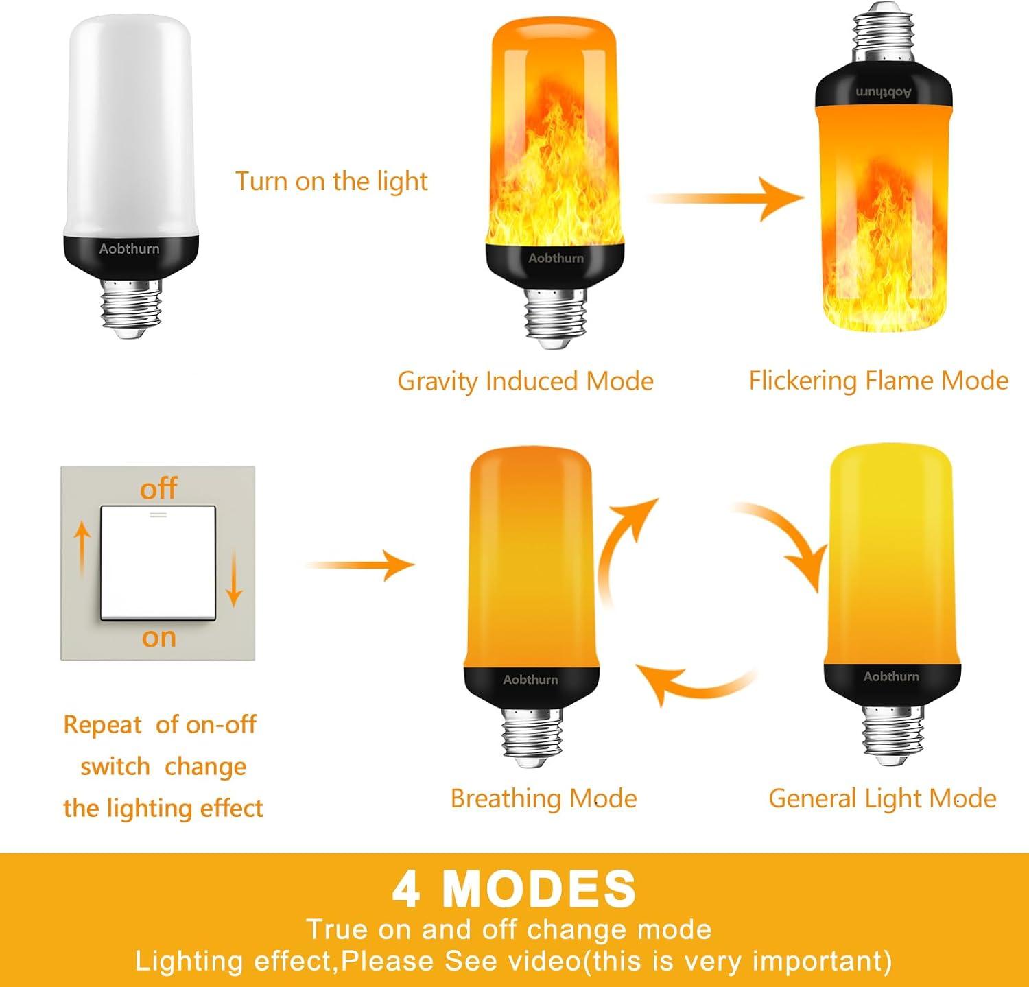 Njide LED Flame Light Bulb, Upgraded 4 Modes Fire Light Bulbs with Upside Down Effect, E26 Base Flickering Light Bulbs for Halloween Decorations, Christmas, Outdoor, Indoor, Home