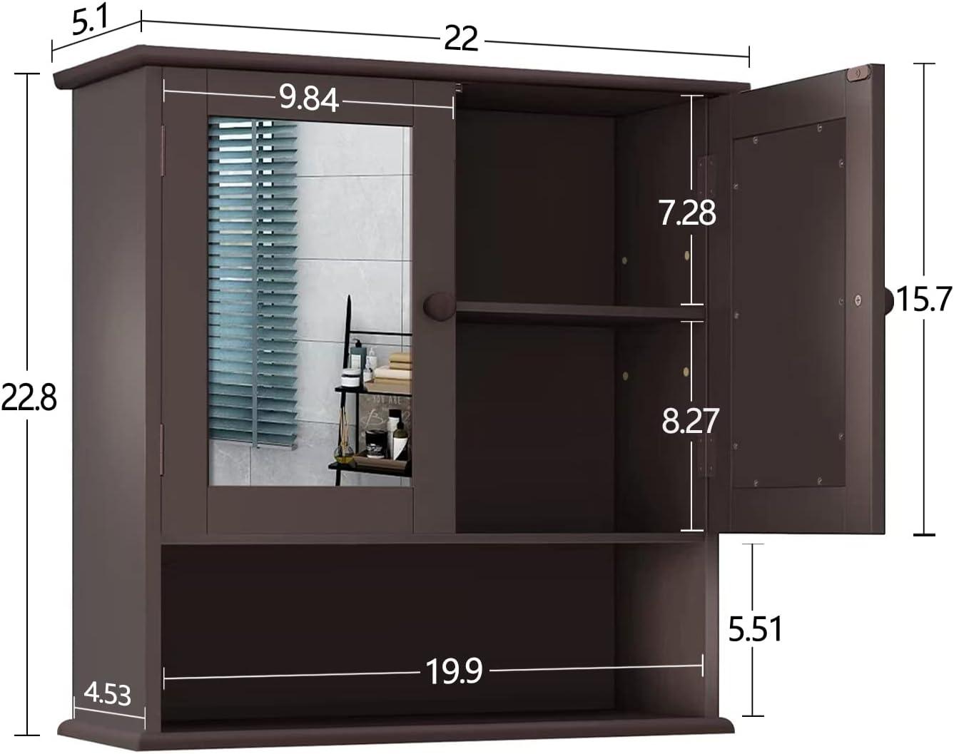 Brown MDF Wall-Mounted Medicine Cabinet with Mirror and Shelves