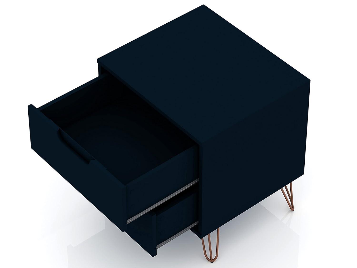 Set of 2 Rockefeller 2 Drawer Nightstands Tatiana Midnight Blue - Manhattan Comfort: Modern Splayed Metal Legs, MDF