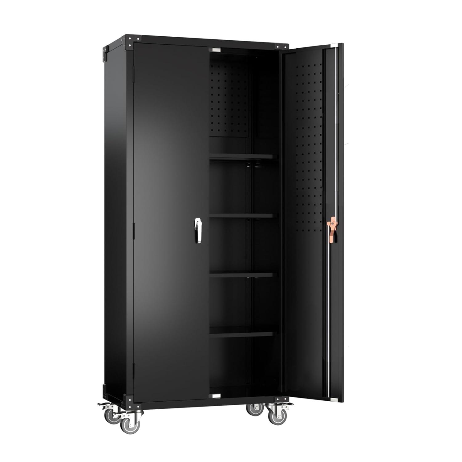 AOBABO 72 Inch Locking Metal Garage Storage Cabinet with Universal Rubber Wheels with Lockable Casters, Pegboards, and Magnetic Doors, Black