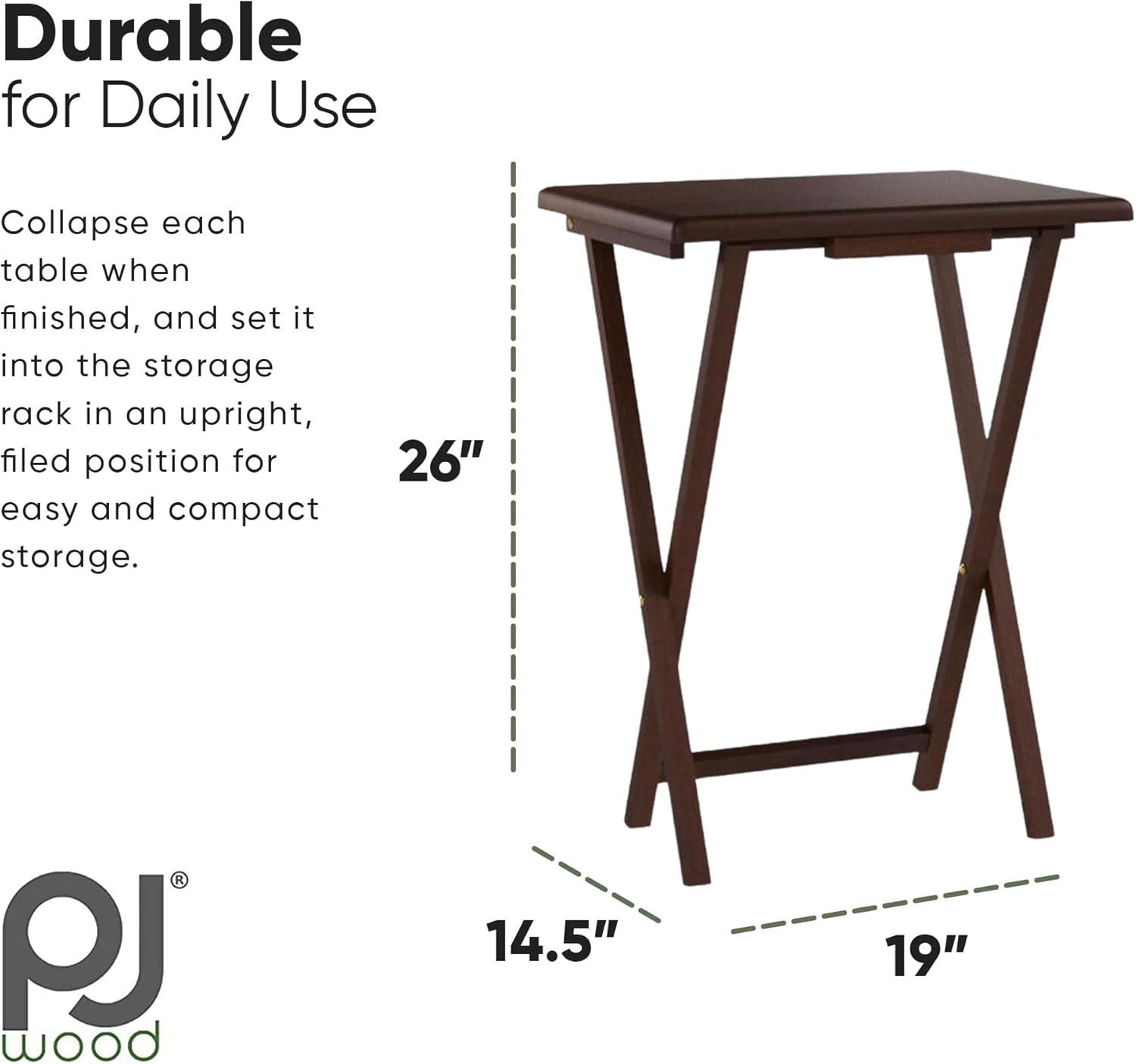 PJ Wood 19.09 x 14.57 x 26.00 Inch Folding TV Tray Tables with Compact Storage Rack, Solid Wood Construction, Walnut Brown Finish, 5 Piece Set