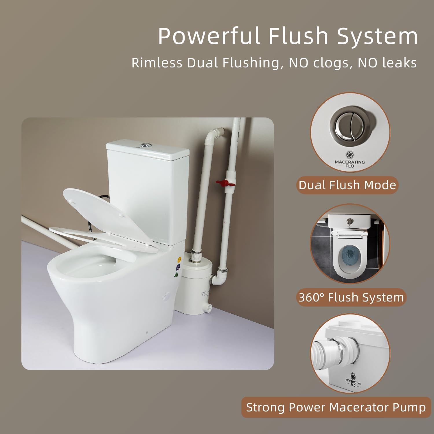 MaceratingFlo ARES 750W Upflush Toilet System, Elongated Bowl & 18" Comfort Height, 4-Inlet Ideal for Basements, Quiet & Efficient Macerator Pump Up to 36 Feet, Easy Installation