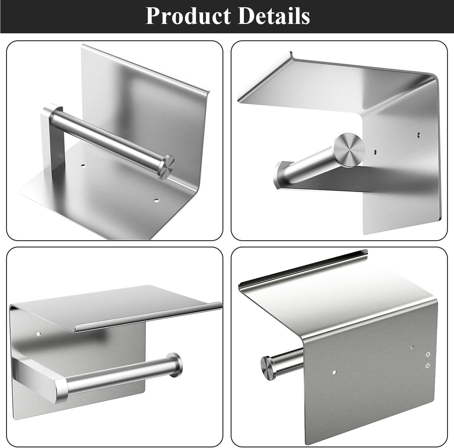 Tindbea Mega Size Toilet Paper Holder with Shelf + Towel Robe Hooks, Adhesive or Screw Wall Mounted Toilet Paper Roll Holder, Stainless Steel Bathroom Hardware Set (Brushed Nickel)