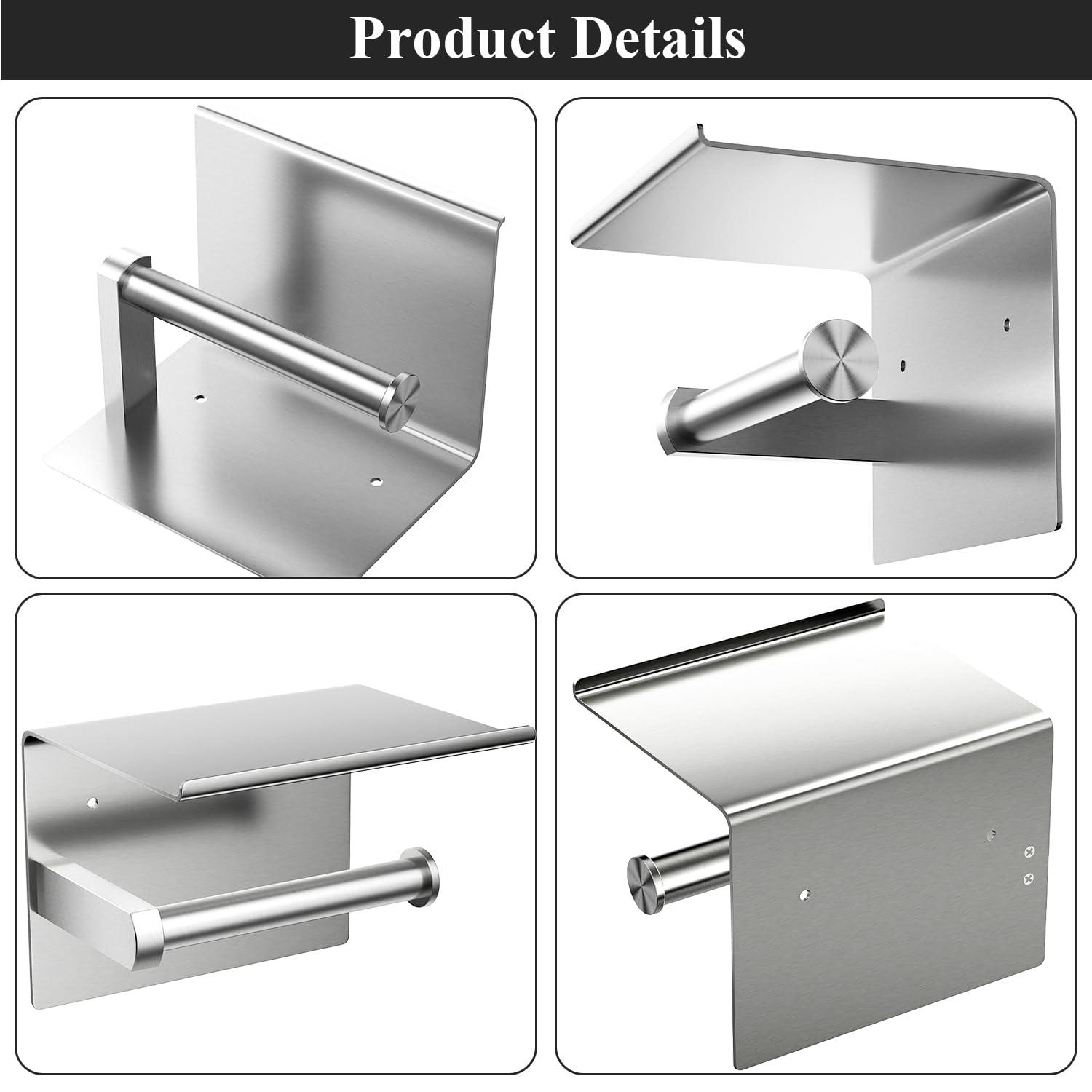 Tindbea Mega Size Toilet Paper Holder with Shelf + Towel Robe Hooks, Adhesive or Screw Wall Mounted Toilet Paper Roll Holder, Stainless Steel Bathroom Hardware Set (Brushed Nickel)