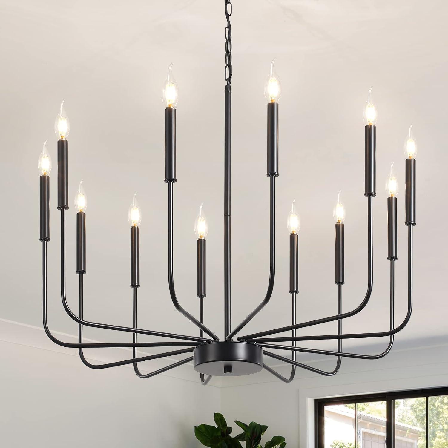 16-Lights Wagon Wheel Chandelier 47 Inch Black Farmhouse Chandelier Large Chandeliers for High Ceilings Round Modern Farmhouse Chandeliers Ceiling Light for Living Room Dining Room Foyer Entryway