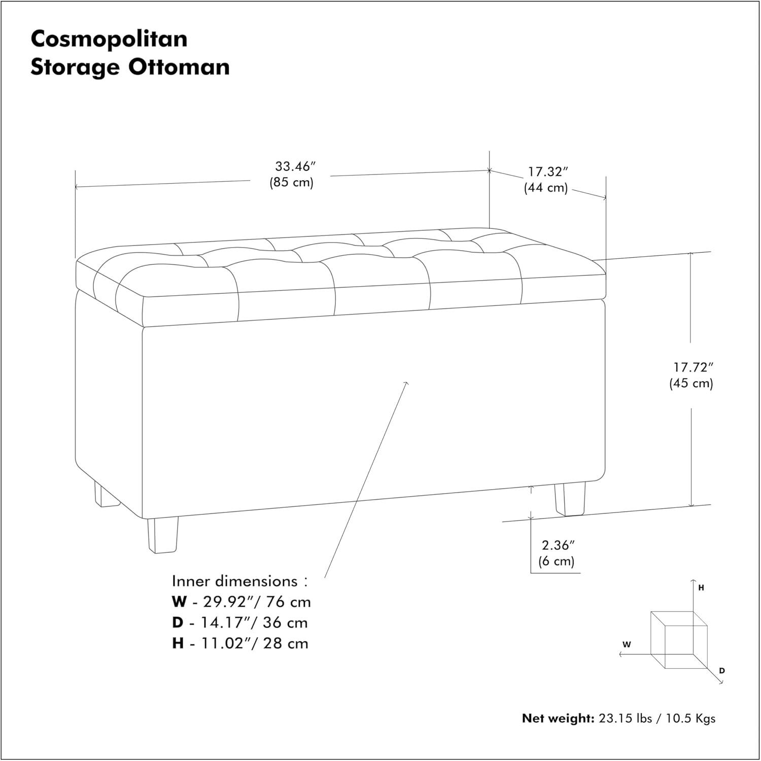 Simpli Home Cosmopolitan 34"W Upholstered Storage Ottoman with Tufted Design and Large Interior Storage