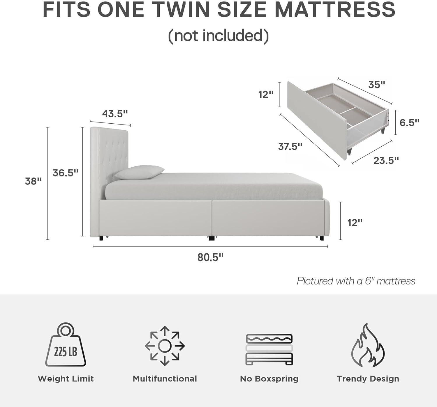 Twin White Upholstered Platform Bed with Storage Drawers