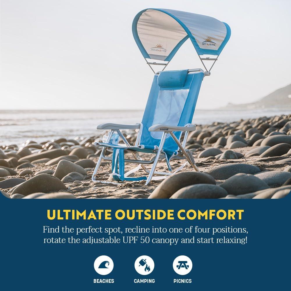 Blue Reclining Beach Chair with Adjustable Canopy and Armrests