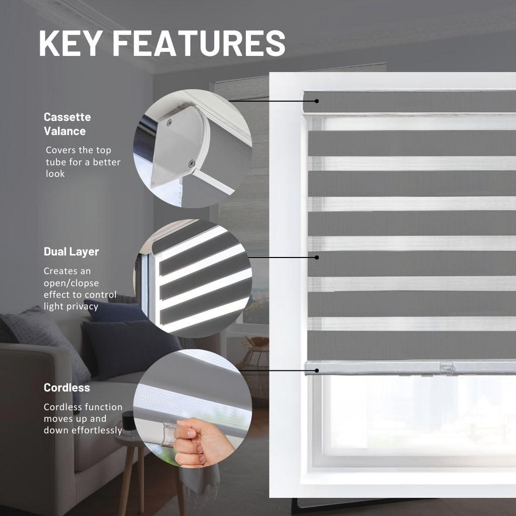 CHICOLOGY Zebra Roller Shade , Window Zebra Blind , Light Filtering , Basic Slate, 23"W X 72"H