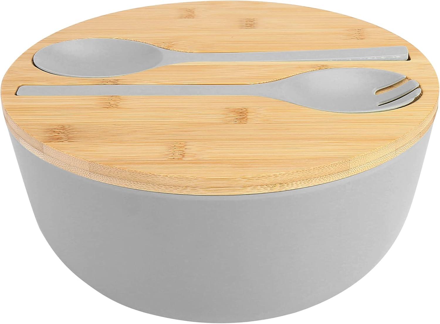 Large salad bowl with lid, upgraded version of bamboo fiber salad bowl with lid, 9.8-inch mixed salad bowl and server, and a set of free quick salad tools