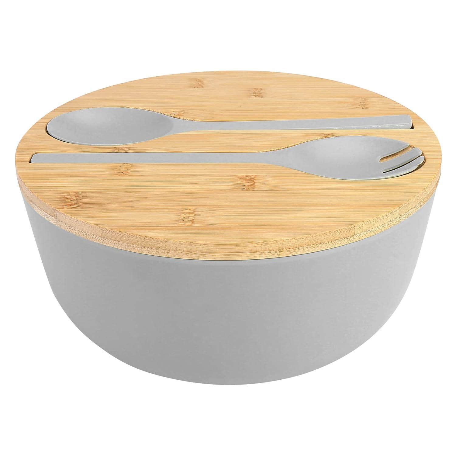 Large salad bowl with lid, upgraded version of bamboo fiber salad bowl with lid, 9.8-inch mixed salad bowl and server, and a set of free quick salad tools