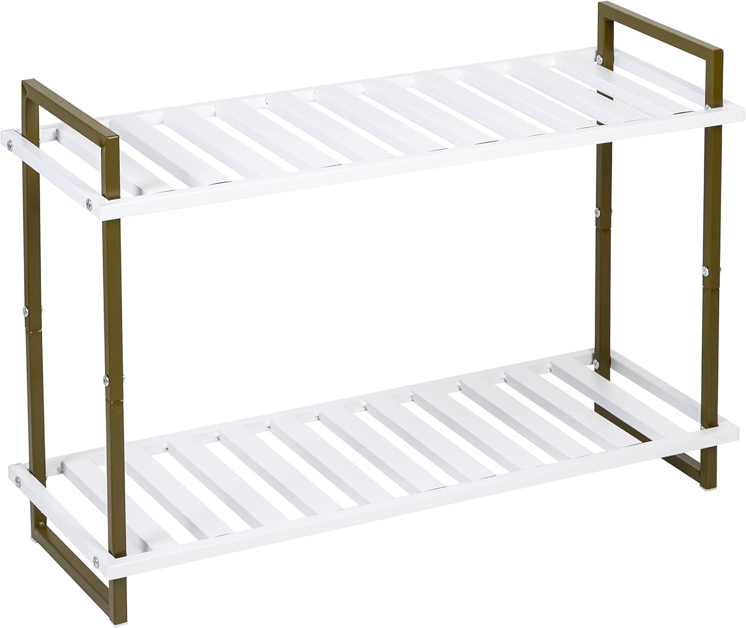 Olive and White 2-Tier Metal Shoe Rack for Entryway